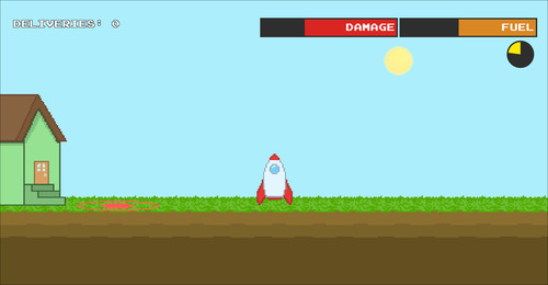 An image of the game. Its art is pixelated with saturated colors. It shows a house on the left, and a target on the ground to the right of it. In the middle sits a rocket ship on the ground. The top left shows "DELIVERIES: 0," while the top right contains meters for "DAMAGE" and "FUEL." There is also a circular meter representing the amount of time left.